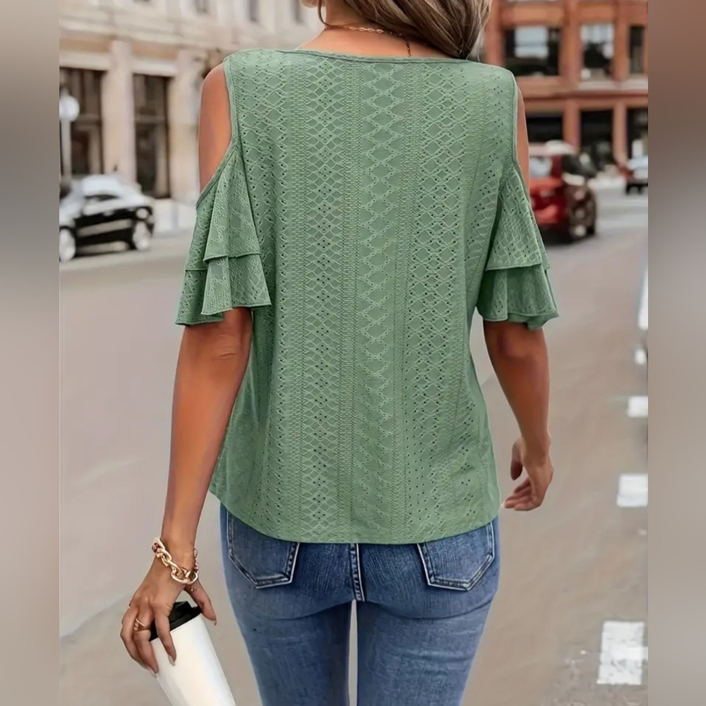 Green Cold Shoulder Lace Top - Picture 6 of 6